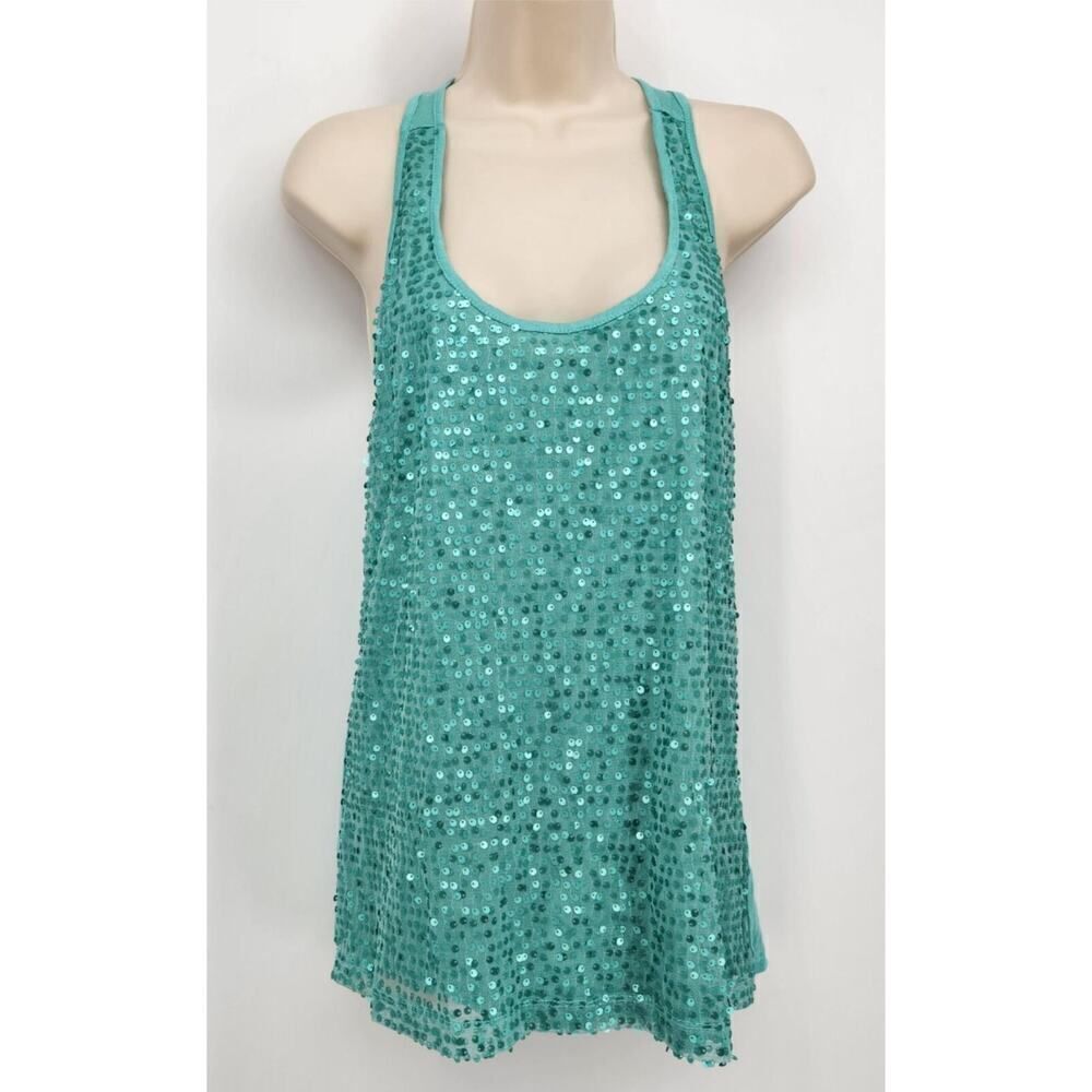 Mossimo Racer Back Tank Top Women's Med Green Sequins Rayon Polyester Scoop Neck